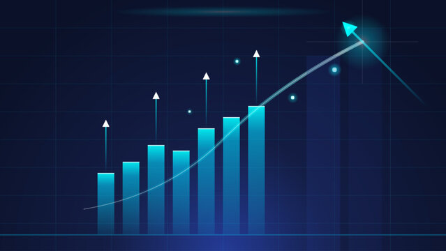 Financial growth bar chart with upward trend arrow and glowing light effects on a dark blue background . Vector illustration.