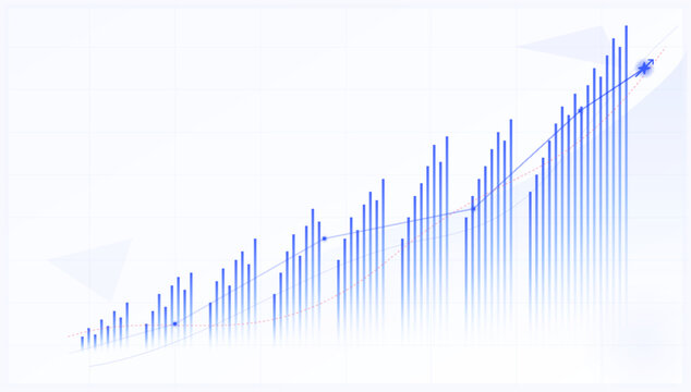 Rising bar chart with trend lines and data points showing business development and financial performance . Vector illustration.
