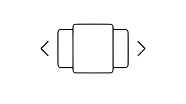 Simple Minimal Line Art Icon of Card Carousel Container with Left and Right Navigation Arrows, Central Card with Partially Visible Side Cards, Clean User Interface Element Design, Hand Traced Vector