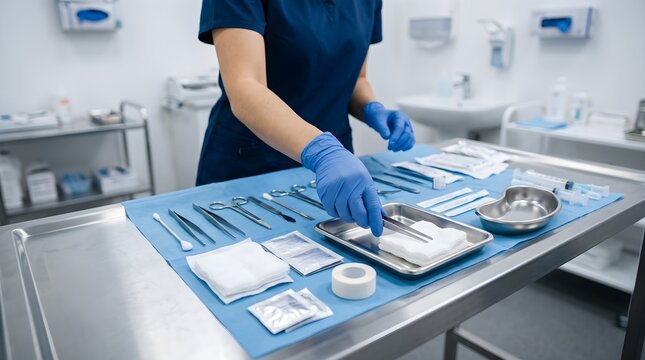 Medical assistant preparing sterile surgical instruments and tools on a tray