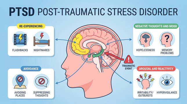 Human brain infographic explaining post traumatic stress disorder ptsd