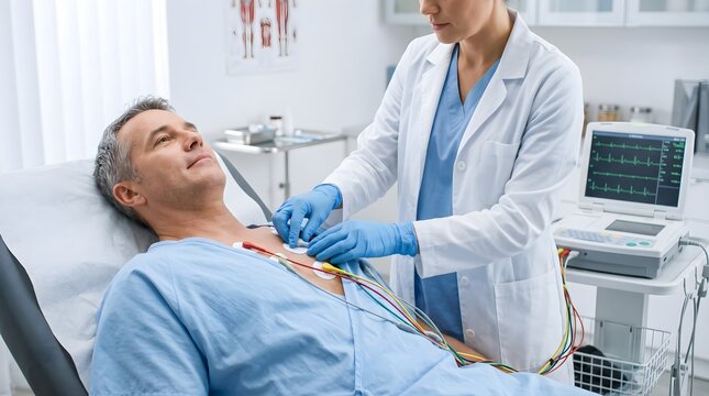 Female doctor attaching ECG electrodes to male patient chest for heart checkup