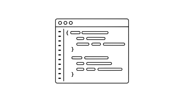 Minimalist code editor window interface icon with syntax blocks, curly braces, and line numbers - hand-drawn vector line art illustration for web development and programming concepts