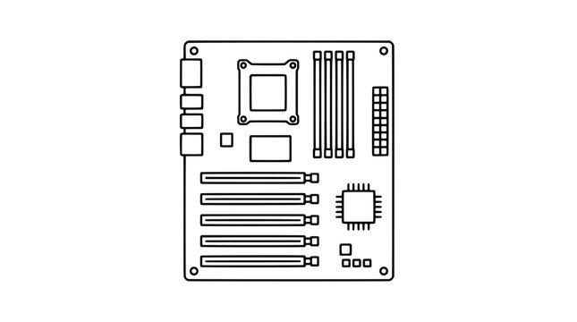 Computer Motherboard Vector Icon Illustration with Expansion Bus Slots CPU Socket RAM Memory Slots Electronic Circuit Board Hardware Line Art Graphic Element - detailed commercial stock imagery with