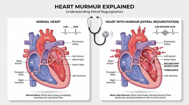 Heart anatomy diagram comparing normal function and mitral murmur