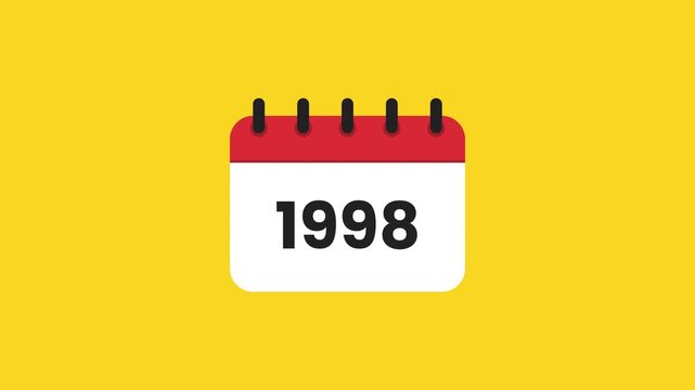 1998 Retro Calendar Year Graphic Animation with White Date Card Red Binding Detail and Bright Yellow Stationery Theme Prores Alpha 4K 60 fps Looping