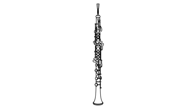 Hand-drawn vector line art illustration of a classic double reed oboe musical instrument featuring intricate silver key mechanisms and elegant woodwind design, orchestra instrument icon on white