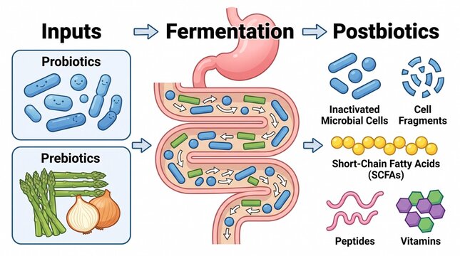 Human digestive process infographic from probiotics to postbiotics