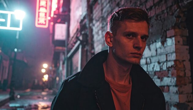 Portrait of man in gritty neon urban alleyway.