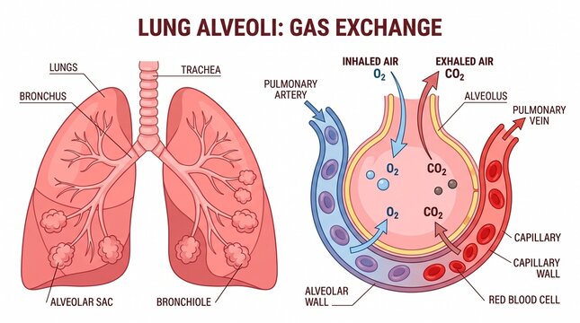 Human respiratory system diagram showing lung anatomy and gas exchange