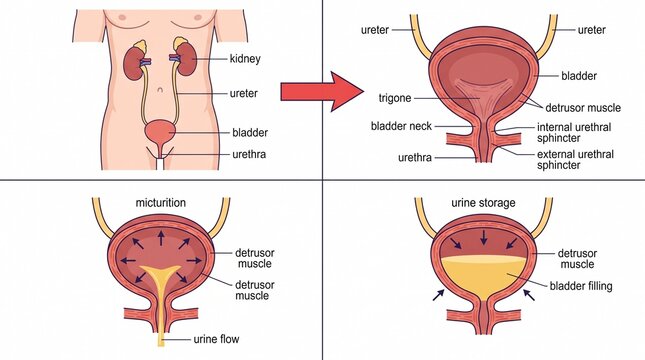 Human urinary system and bladder micturition process diagram
