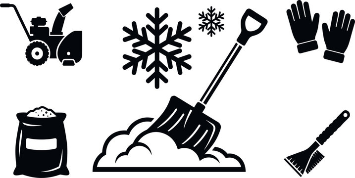 Winter Snow Removal Equipment Vector Icon Set with Shovels, Snowblower Machine, Ice Scraper Brush, Salt Bag, Gloves, and Snowflake Symbols for Maintenance Service Designs
