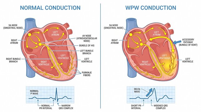 Normal heart conduction versus wolff parkinson white syndrome diagram
