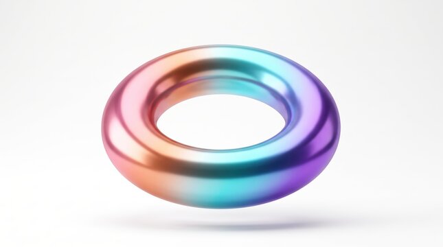 Abstract iridescent torus ring shape with gradient metallic colors on white background, 3d rendered geometric design element for modern technology and creativity concepts
