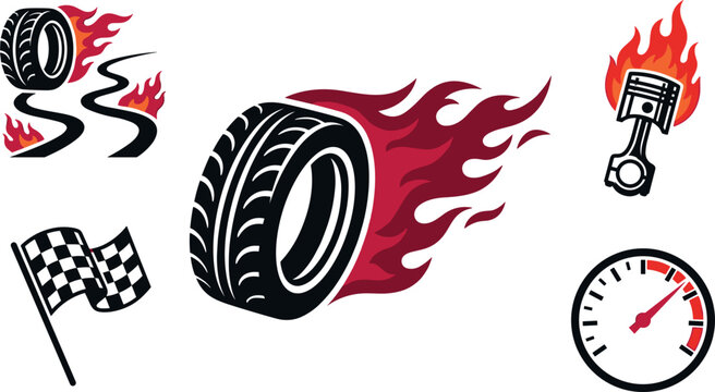 Car Racing and Hot Rod Vector Element Set with Flaming Tire, Burning Piston, Speedometer, Checkered Flag, and Skid Marks for Automotive Logo Designs