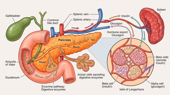 Human pancreas anatomy and islet of langerhans diagram