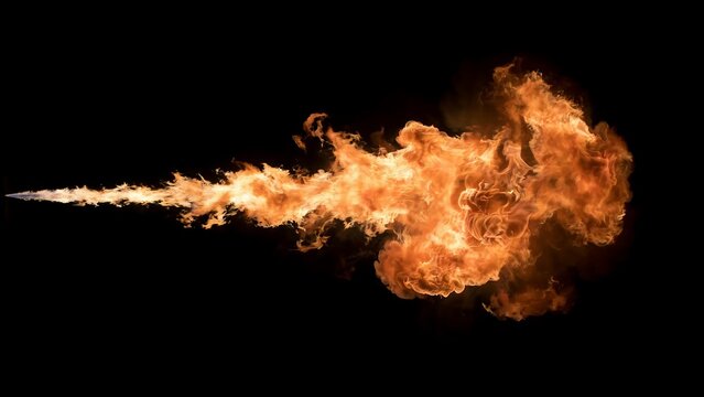 A long trail of fire and flames erupting from a single point and expanding into a large cloud on black background
