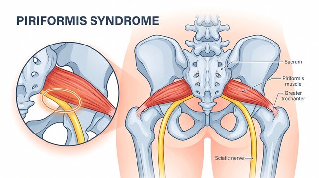 Piriformis syndrome medical diagram showing sciatic nerve compression