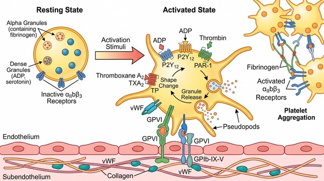Platelet activation stages diagram including aggregation and stimulus