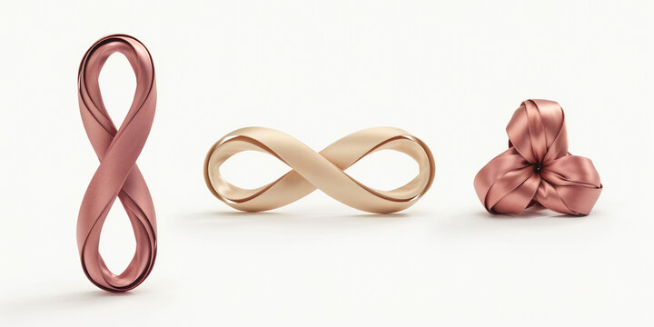 Three metallic rose gold sculptural knots and infinity loops on a plain white background