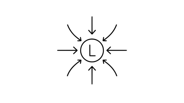 Minimalist black and white vector icon of low pressure weather symbol with central circle containing letter L and surrounding arrows pointing inward, representing cyclonic atmospheric patterns, clean