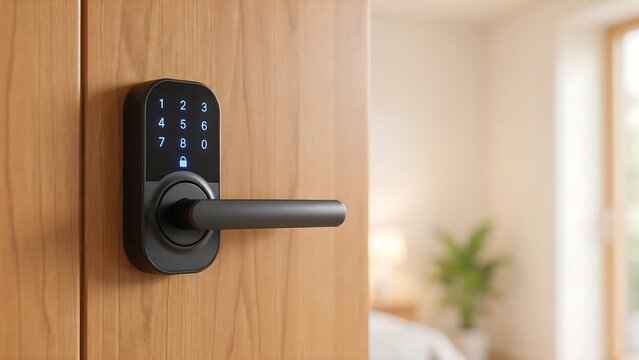 A modern black smart door lock with a digital keypad mounted on a light brown wooden door in a home interior