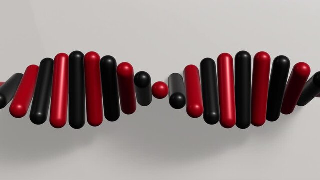 Black and red dna helix rotation, striking crimson medical biotech motion, clean minimal scientific background, professional molecular biology graphic footage