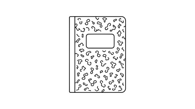 Hand-traced vector icon illustration of a closed composition notebook with marble terrazzo pattern cover and center label frame for organization and school supplies concept
