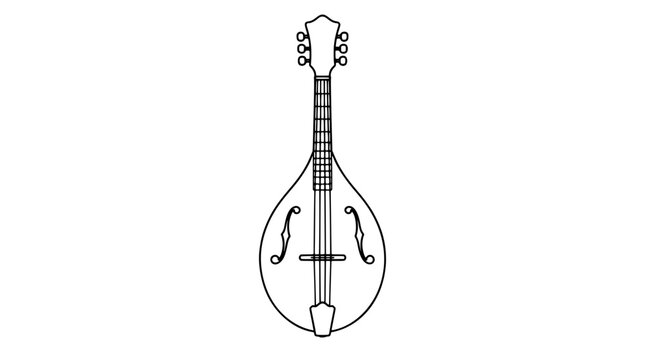 Hand drawn vector line art illustration of a classic mandolin acoustic string instrument featuring elegant teardrop shaped body and decorative f-holes minimalist music icon design