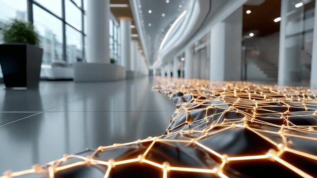 Abstract Network in Modern Building: A futuristic network pattern glows with warm light, extending across the sleek, modern interior of a contemporary building.