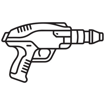 Side profile of a futuristic space blaster gun with science fiction ray gun line art space travel weaponry