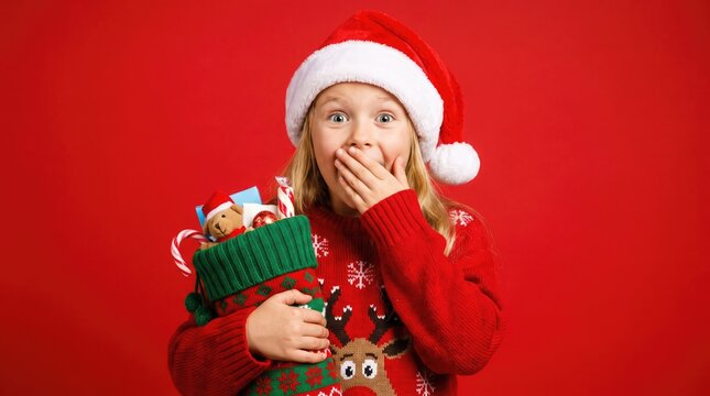Surprised young girl wearing a santa hat holding christmas gifts on a red background