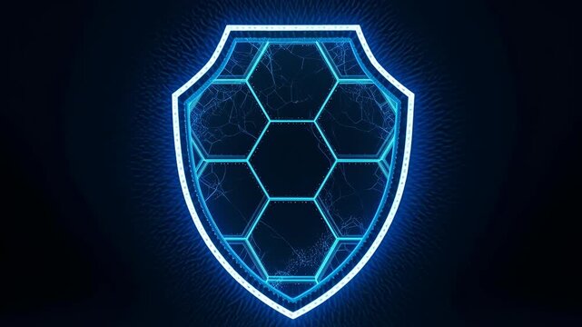 Abstract rotating digital shield with glowing blue hexagonal patterns and encrypted data streams version 2, cybersecurity and data protection concept, seamless loop, 4K video.