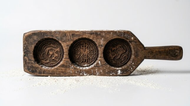 A traditional handcrafted wooden mooncake mold featuring three intricate decorative circular patterns and a sturdy handle resting on a light dusting of white flour