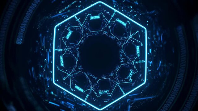 Abstract rotating digital shield with glowing blue hexagonal patterns and encrypted data streams version 3, cybersecurity and data protection concept, seamless loop, 4K video.