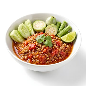 Thai Spicy Minced Pork Chili Dip Nam Prik Ong Served with Sliced Cucumber, Thai Eggplant, Long Beans, Lime Wedge, and Fresh Coriander in White Bowl