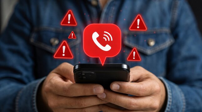 Person holding smartphone with incoming call warning icons