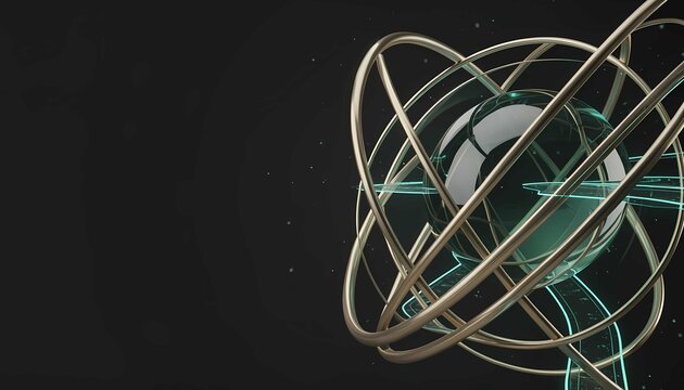 Abstract golden rings surrounding futuristic glass sphere