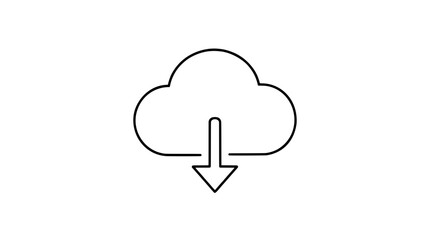 Obraz premium Minimalist line art vector icon of a fluffy cloud with a bold downward pointing arrow emerging from its base symbolizing cloud download, data storage and digital file transfer illustration