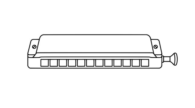 Chromatic Harmonica Musical Instrument with Sliding Brass Register Button, Hand Drawn Black and White Line Art Vector Icon Illustration for Music Apps, Concert Posters, Folk Blues Band Logo Design