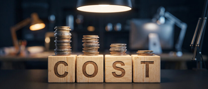 Wooden blocks spelling cost with stacked metallic coins showing a decreasing financial trend under warm spotlight in dark office interior