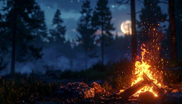 Cozy campfire burning brightly in a pine forest under a full moon and starry night sky