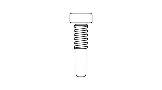 Bench dog peg with brass spring coiled around shaft, woodworking tool accessory, hand traced vector icon illustration, black and white line art, workshop hardware, adjustable clamp component