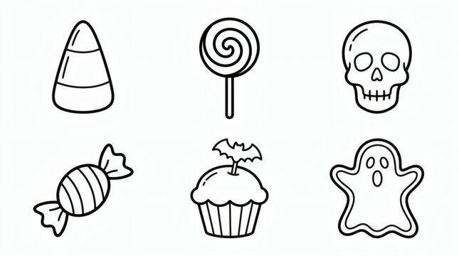Black And White Line Art Halloween Treats Collection Candy Corn Lollipop Gummy Skull

