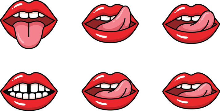Set of Vector Red Lips Illustrations Featuring Playful Tongue Poses, Sexy Smiles, and Gap Teeth; Ideal for Fashion, Beauty, and Pop Art Graphic Design Projects Isolated on White.