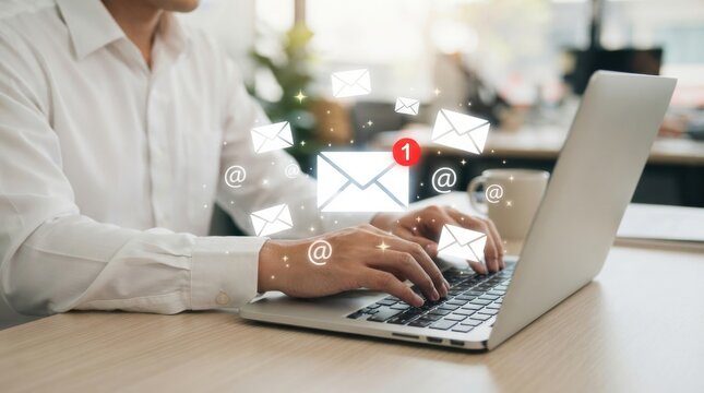 Professional typing on laptop with email notification icons and unread alerts in modern office