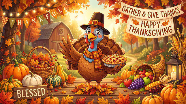 Happy thanksgiving turkey wears pilgrim hat holds pie celebrates harvest in autumn barnyard setting.