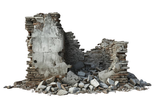 Damaged brick structure surrounded by debris