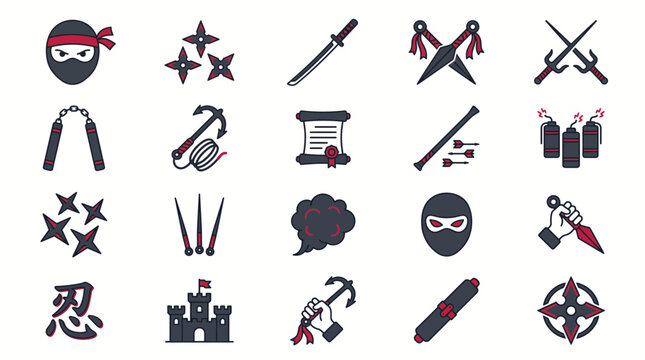 Ninja equipment icons and traditional warrior symbols showcasing shuriken throwing stars, katana stealth weapons and assassin tools, concept for Japanese culture illustration and martial arts design