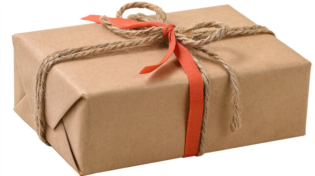 Rustic brown craft paper parcel tied with a red ribbon and twine gift package wrapped packag